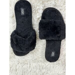 UGG Shoes Womens Size 8 Black Fuzzy Slide Sandals Shearling Slippers Open Toe